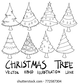 Set of christmas tree illustration Hand drawn doodle Sketch line vector