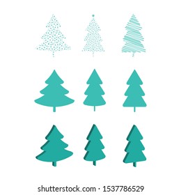 Set of Christmas tree illustrations in 3 d, scribbled, flat styles.