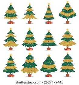 Set of Christmas tree illustrations adorned with vibrant decorations and presents, perfect for holiday-themed designs. Various shapes and designs available for seasonal celebration visuals. 