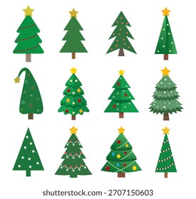 Conjunto de ilustraciones de árboles de Navidad en diferentes estilos con estrellas y decoraciones simples. Perfecto para tarjetas de vacaciones, pegatinas, Anuncios, diseño de envoltura y proyectos de invierno. Ideal para obras de arte festivas.