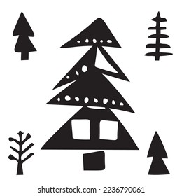 Conjunto de ilustraciones de árboles de navidad. Diseño de arte navideño de invierno para vacaciones. 
