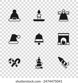 Set Christmas tree, Interior fireplace, Firework rocket, ringing bell, Angel, Santa Claus hat, Burning candle and  icon. Vector