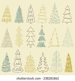 Set of Christmas tree isolated on a pastel background. Design holiday Christmas trees for wrapping paper, scrap booking