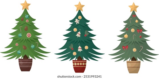 Set of christmas tree isolated on white background. Decorated Christmas Trees with Ornaments. Sustainable christmas tree illustration. Eco-friendly christmas vector