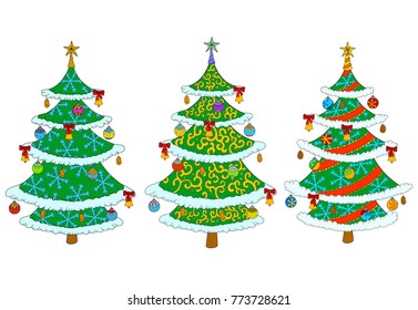 Set of Christmas tree isolated on white. Pine tree decorated of balls and star.