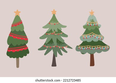 set Christmas tree Christmas lights  concept wax crayon art, and vector