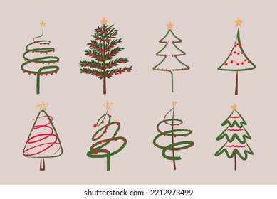 set christmas tree Christmas lights  concept wax crayon art, and vector