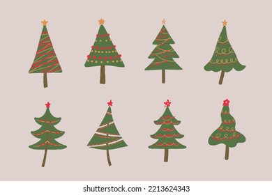 set christmas tree Christmas lights  concept wax crayon art, and vector