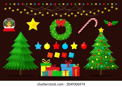 Set of Christmas tree, lights, presents, ornaments and decorations. Vector illustration flat.