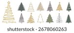 Set of christmas tree line art. Abstract linear christmas tree. Hand drawn christmas trees doodle. Minimalist and elegant christmas ornament. Vector illustration