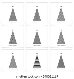 set christmas tree in line art, diferent stile, for postcard, poster, gifts