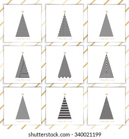 set christmas tree in line art, diferent stile, for postcard, poster, gifts