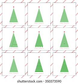 set christmas tree in line art, diferent stile, for postcard, poster, gifts