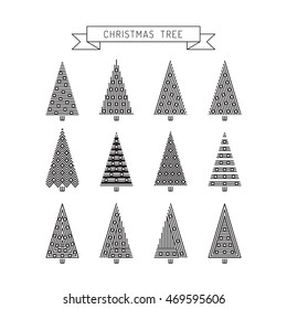 Set christmas tree in line art, different stile, for postcard, poster, gifts. Christmas tree vector market outline. Christmas tree market greeting card. Christmas decor 2017 
