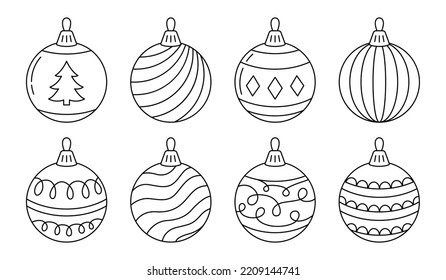 Set of Christmas tree line balls. Decorated baubles isolated on white background. Vector illustration.