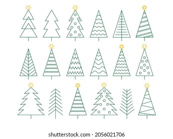 Set of christmas tree line icons . Vector green simple icons collection.