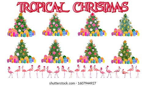 Set of christmas tree made of tropical leaves monstera, avocado, flamingos in Santa Claus hats, gifts under the Christmas tree, fireworks. New Year celebration concept, banner, postcard, creative