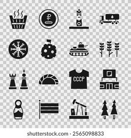 Set Christmas tree, Mausoleum of Lenin, Wheat, Slavic pagan idol, Moon with flag, Snowflake, Sauna bucket and Military tank icon. Vector