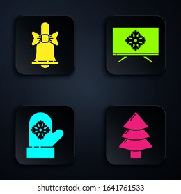Set Christmas tree, Merry Christmas ringing bell, Christmas mitten and Merry Christmas on television. Black square button. Vector