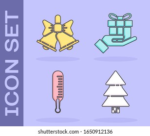 Set Christmas tree, Merry Christmas ringing bell, Meteorology thermometer measuring and Gift box in hand icon. Vector