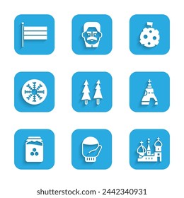 Set Christmas tree, mitten, Saint Basil's Cathedral, The Tsar bell, Jar of honey, Snowflake, Moon with flag and National Russia icon. Vector