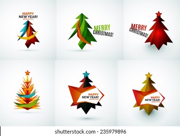 Set of Christmas tree modern paper geometric designs, simple icons