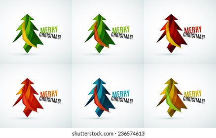 Set of Christmas tree modern paper geometric designs, simple icons