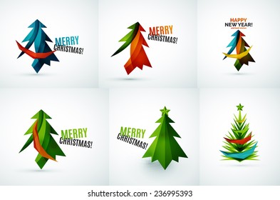 Set of Christmas tree modern paper geometric designs, simple icons