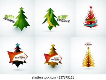 Set of Christmas tree modern paper geometric designs, simple icons