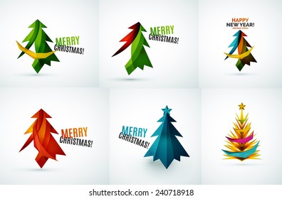 Set of Christmas tree modern paper geometric designs, simple icons