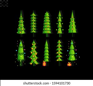 Set of Christmas tree, New Year decoration, seasonal holidays symbol collection. Flat icons of decorated tree on black background, isolated vector illustration.