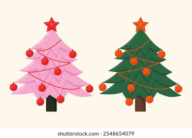 Conjunto de árvore de Natal com brinquedos de Ano Novo, verde e rosa