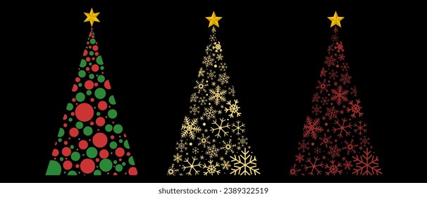 Set of Christmas tree on black background. Vector Illustration.