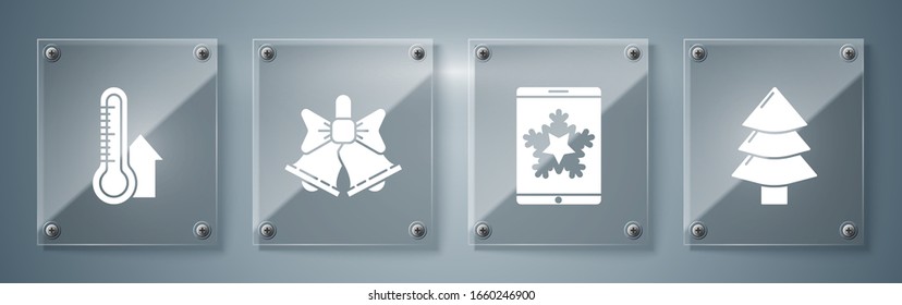Set Christmas tree, Christmas on smartphone and snowflake, Merry Christmas ringing bell and Meteorology thermometer measuring. Square glass panels. Vector