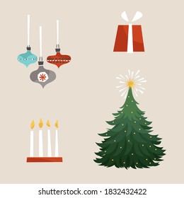 Set of the Christmas tree, ornaments, candles, gifts on beige background