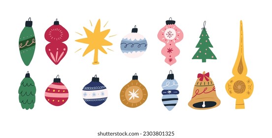 Conjunto de ornamentos de árbol de Navidad, ilustración de vector plano de dibujos animados aislados en fondo blanco. Decoraciones de Navidad estilizadas a mano. Baudias retro coloridas.