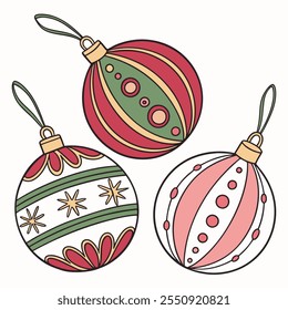 Set of Christmas tree ornaments. Colorful vivid Christmas balls in red, green, gold and pink colors Vector illustration in cartoon style with white background.