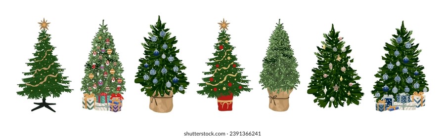 Set of Christmas tree with ornaments, lights, gift