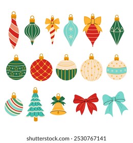 Set of Christmas tree ornaments in retro style. Decorative bows. Winter festive decoration. Glass toys traditional new year holiday design element. Christmas bell.