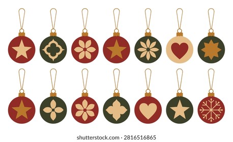Set of christmas tree ornaments with various patterns on a white background