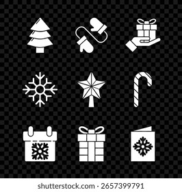 Set Christmas tree, Pair of knitted christmas mittens, Gift box in hand, Calendar, postcard, Snowflake and star icon. Vector