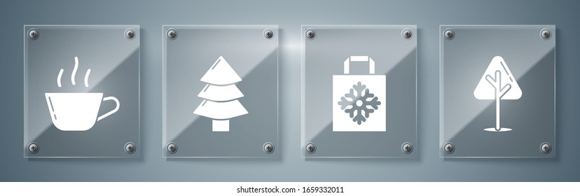 Set Christmas tree, Christmas paper shopping bag, Christmas tree and Coffee cup. Square glass panels. Vector