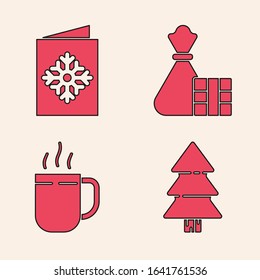 Set Christmas tree, Christmas postcard, Gift box and bag and Coffee cup icon. Vector