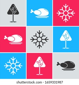 Weihnachtsbaum, Röstpute oder Hühnchen und Schneeflocken-Symbol setzen. Vektorillustration