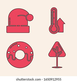 Set Christmas tree, Christmas Santa Claus hat, Meteorology thermometer measuring and Donut with sweet glaze icon. Vector