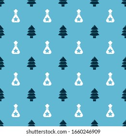 Set Christmas tree and Santa Claus bag gift on seamless pattern. Vector