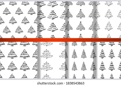 Conjunto de patrones de árbol de Navidad sin costura. Colección de patrones abstractos de pino dibujado a mano para el año nuevo. Fondo negro y blanco de Navidad. EPS 10