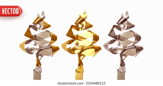 Set Christmas tree shapes made from satin ribbon golden and silver colors. Realistic 3d design festive decorative element for New Year and Christmas. Vector illustration