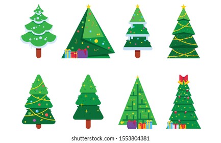 Set of christmas tree silhouette with decorations, vector illustration isolated on white background, template for design, greeting card, invitation.	