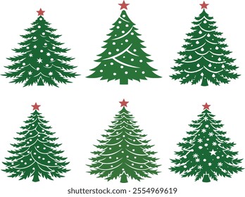 Set of Christmas tree silhouette with a prominent star at the top